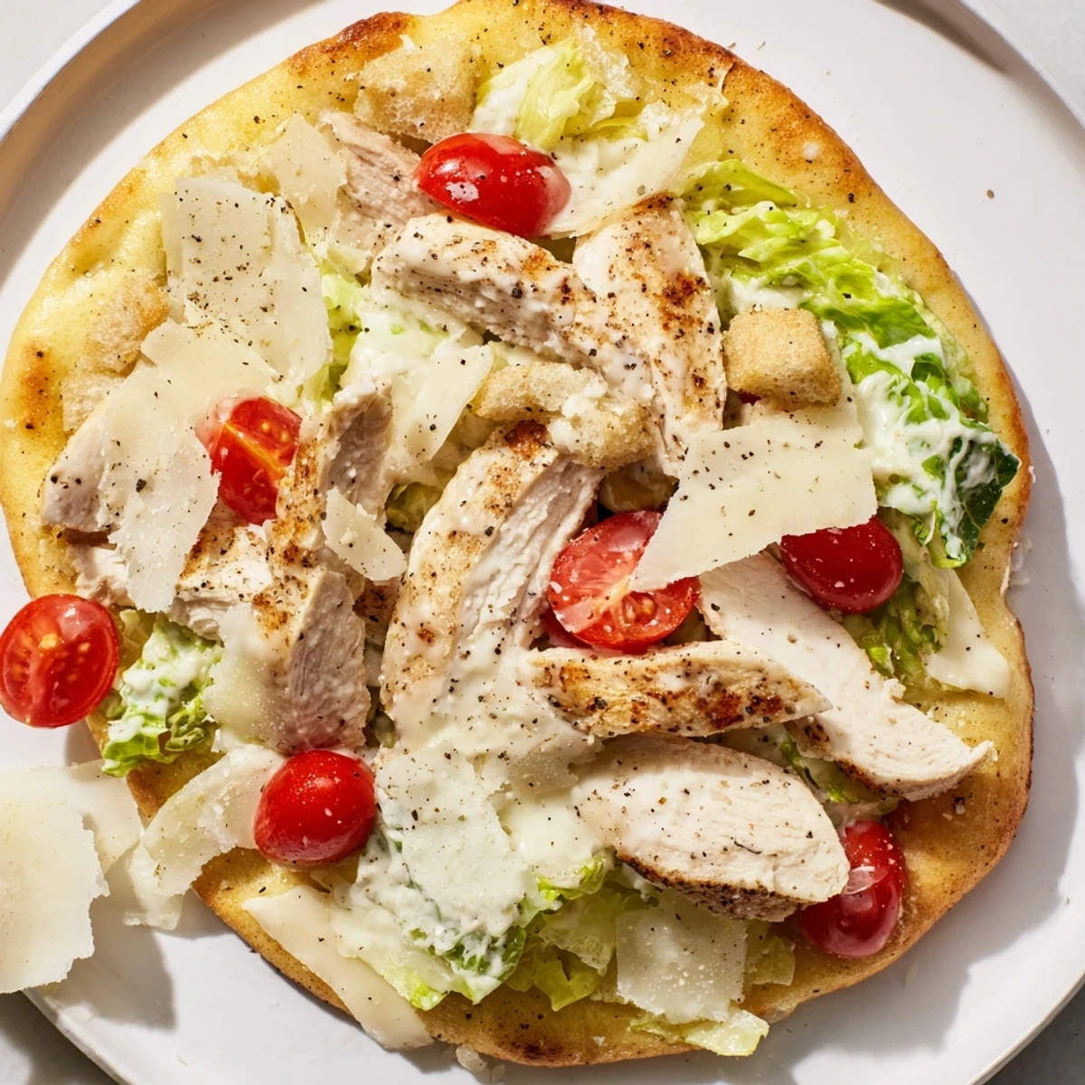 Mouthwatering Chicken Caesar Flatbread with melted mozzarella cheese, Caesar dressing, and crisp croutons.