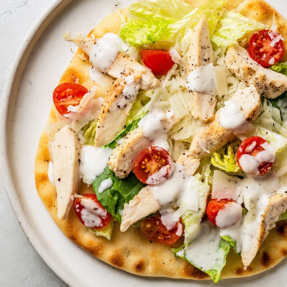 Golden, bubbly Chicken Caesar Flatbread topped with fresh romaine, Parmesan, and juicy grilled chicken.