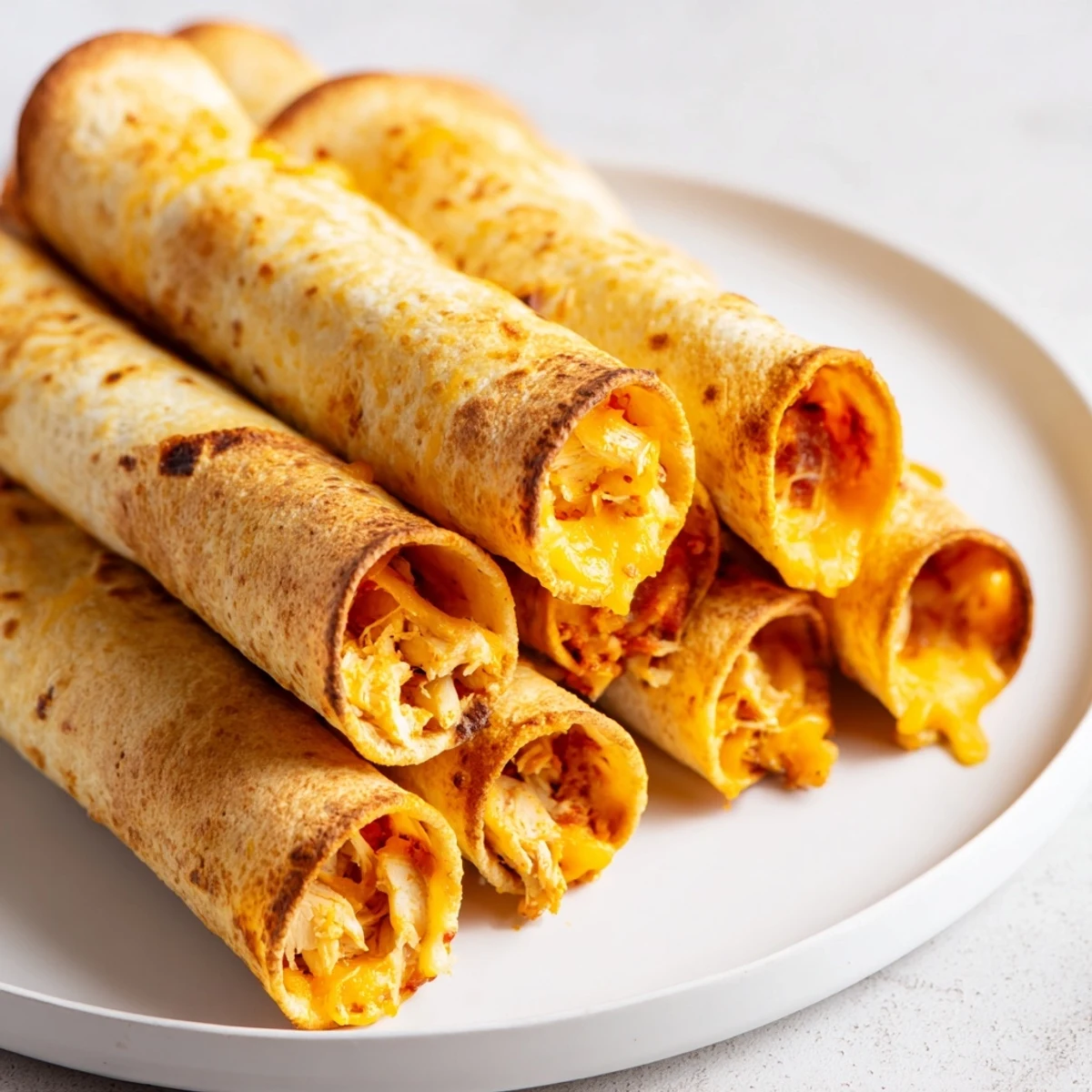Savory chicken and cheese filling spilling from freshly made Air Fryer Taquitos, perfect for a quick dinner.
