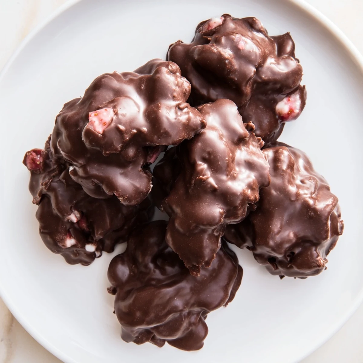 Frozen Strawberry Yogurt Clusters, shiny chocolate-covered, ready for a refreshing, healthy treat.