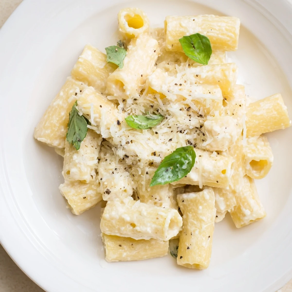 Warm, homemade cottage cheese pasta served, garnished and ready to enjoy as a quick lunch.