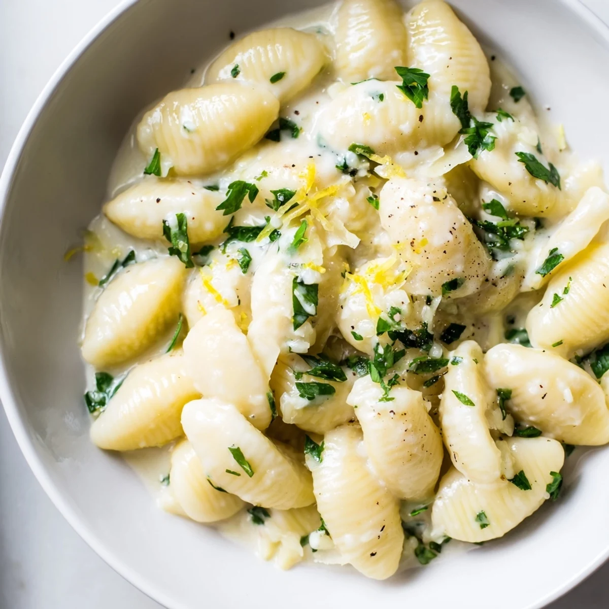 Golden ditalini pasta coated in a creamy garlic butter sauce, ready to serve with Parmesan.