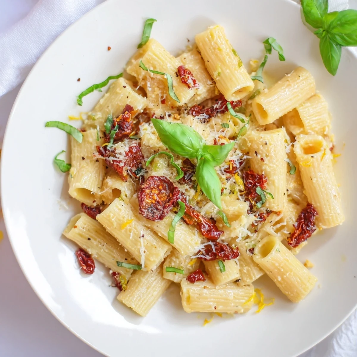 A baking dish brimming with hot, flavorful Baked Feta Pasta, garnished with fresh basil.
