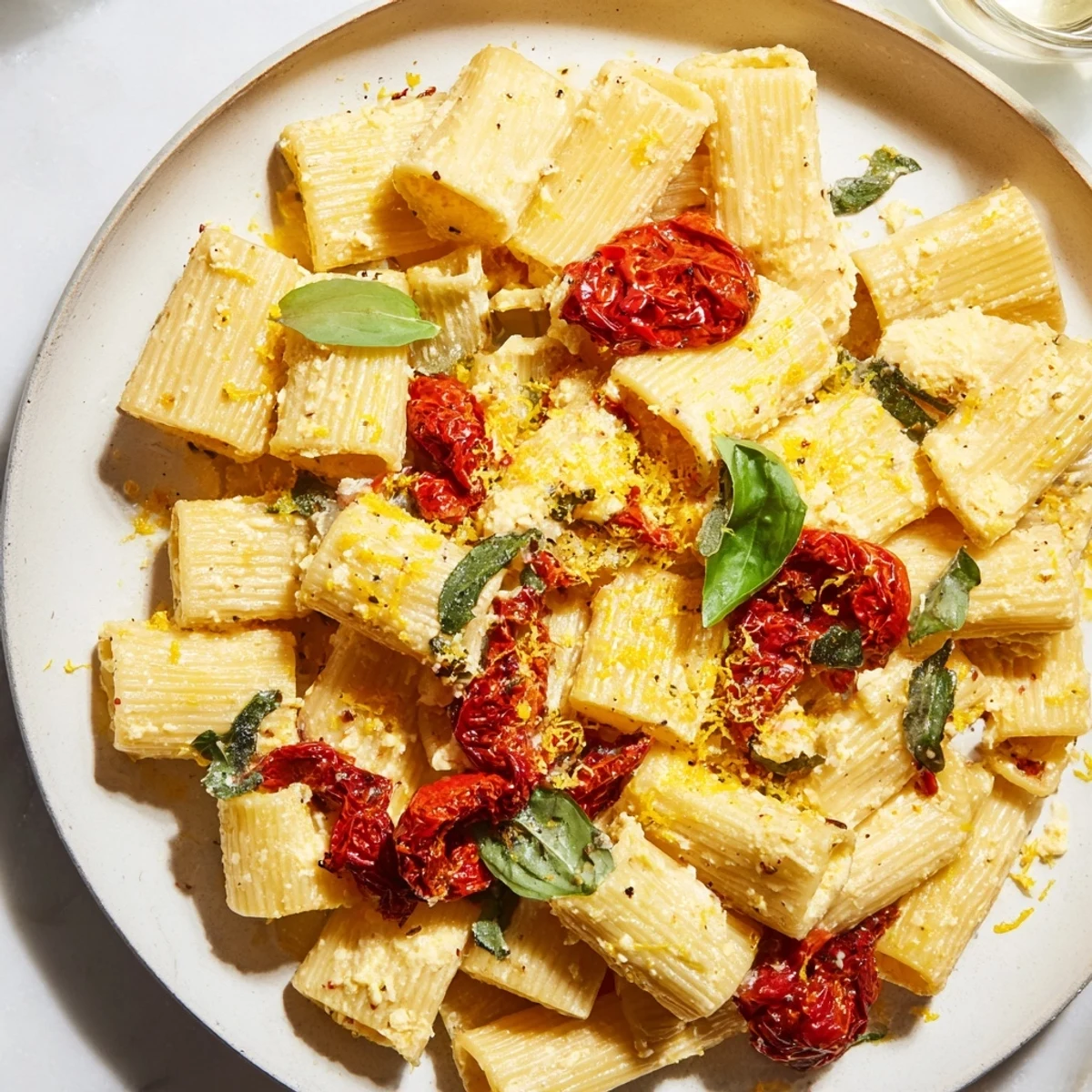 Close-up of the delicious Baked Feta Pasta; the creamy feta sauce coats the pasta beautifully.