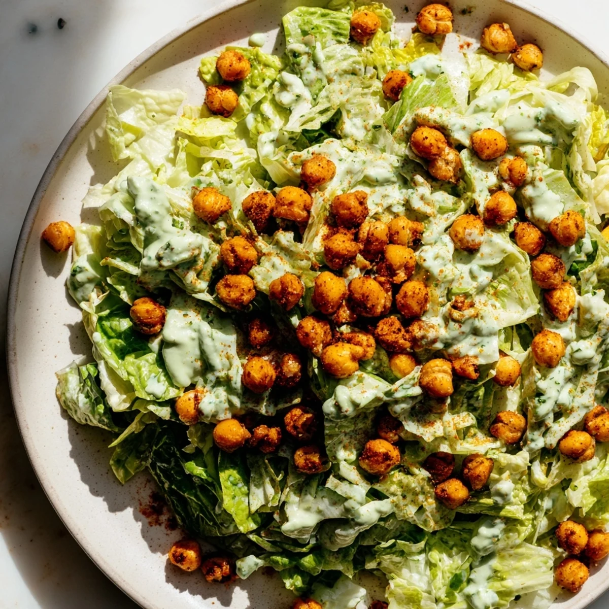 Vibrant Green Goddess Salad with Crispy Chickpeas; a healthy salad with creamy dressing and air-fried goodness.