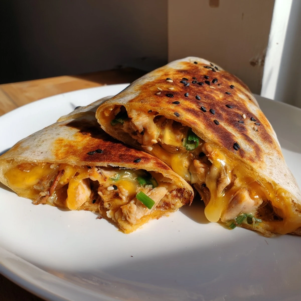 A close-up of a Korean BBQ Chicken Wrap Grilled Cheese, crispy tortilla with sesame seeds and scallions.