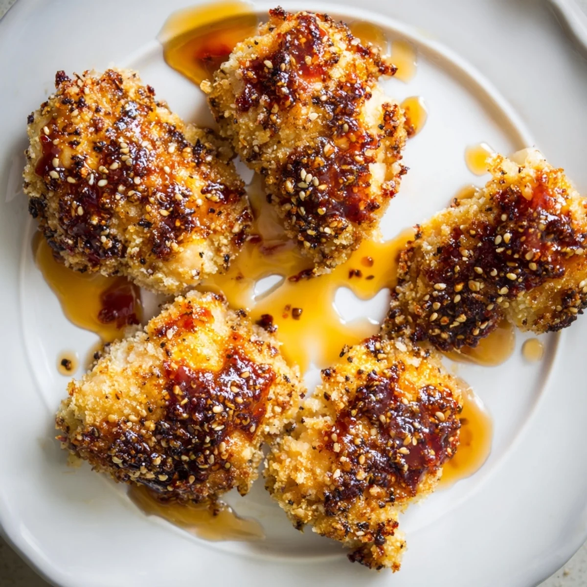 Golden, crispy Hot Honey Crispy Chicken Thighs, perfectly drizzled with sweet and spicy hot honey.