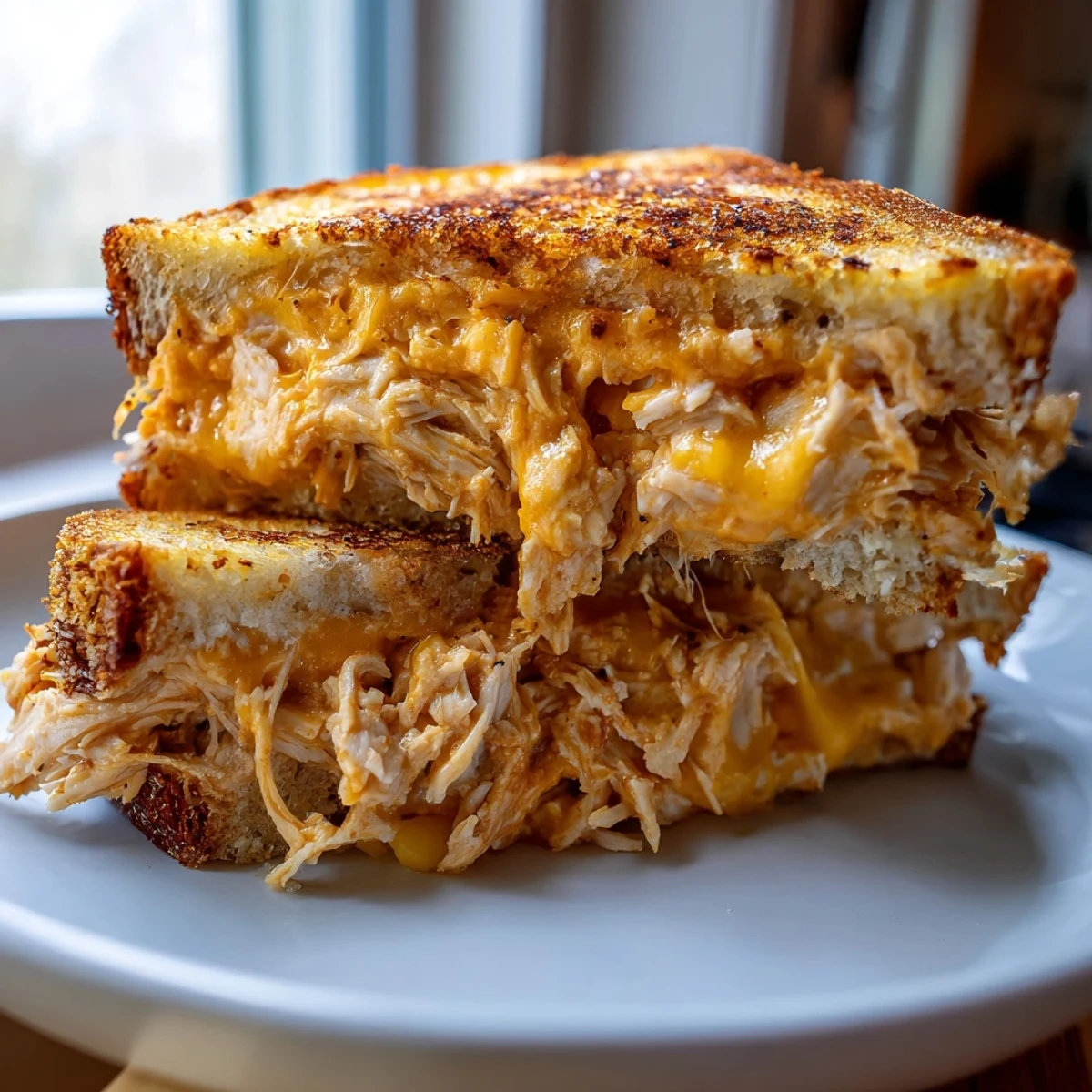 Crispy, decadent Spicy Crispy Chicken Sandwich Grilled Cheese, ready to eat with a side of ranch.