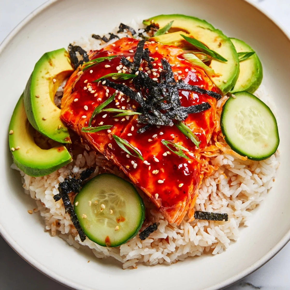 Steaming Emily Mariko-Inspired Sticky Orange Gochujang Salmon Bowl, glistening with a vibrant glaze and fresh toppings.
