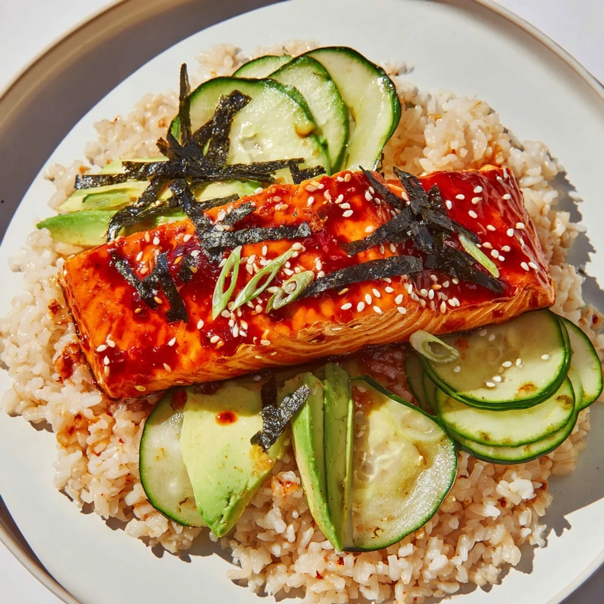 This image shows a beautiful, flavorful Emily Mariko-Inspired Sticky Orange Gochujang Salmon Bowl; a must-try recipe!