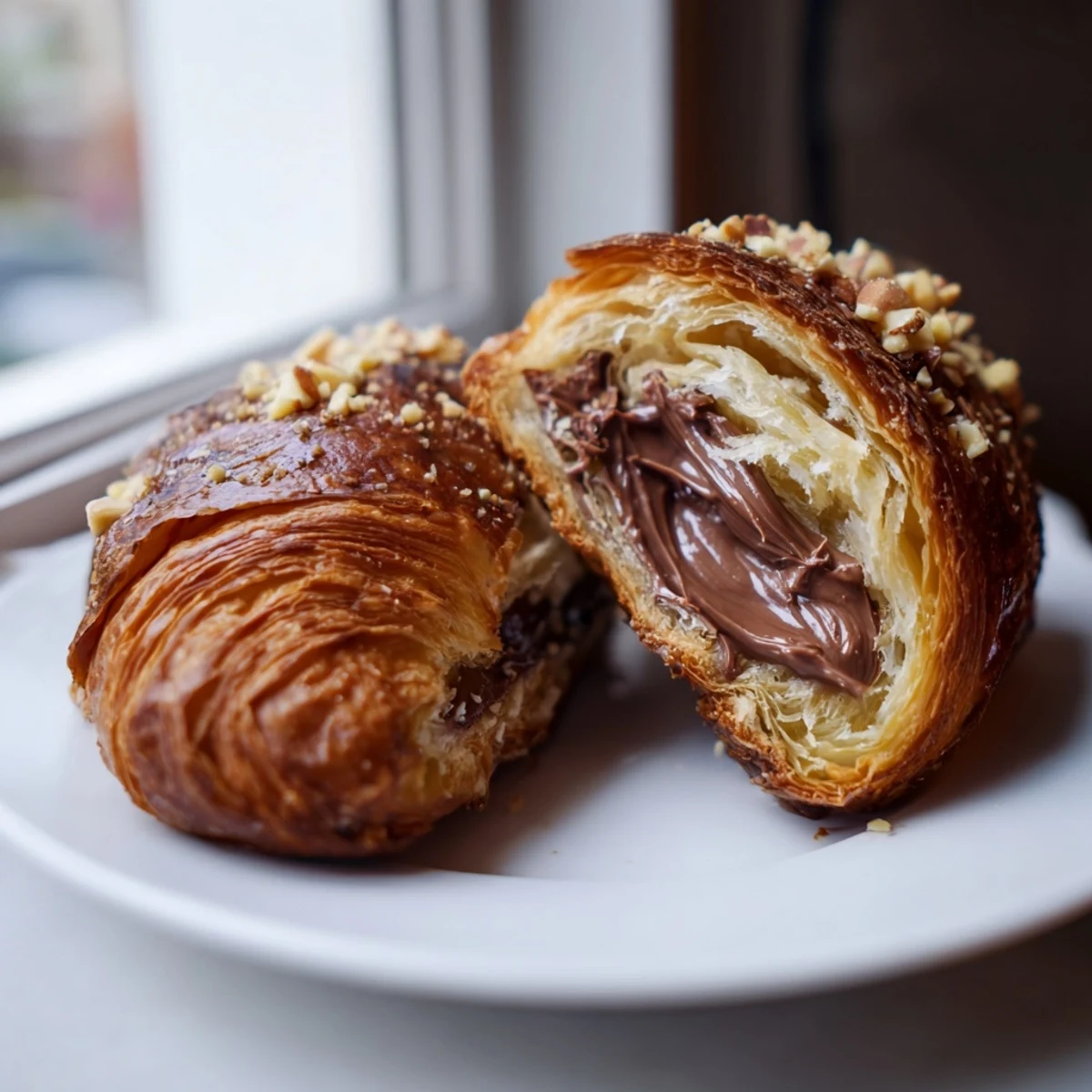 Warm, air-fried 3-Ingredient Nutella Croissants, golden brown with melted chocolate-hazelnut filling, ready to enjoy.