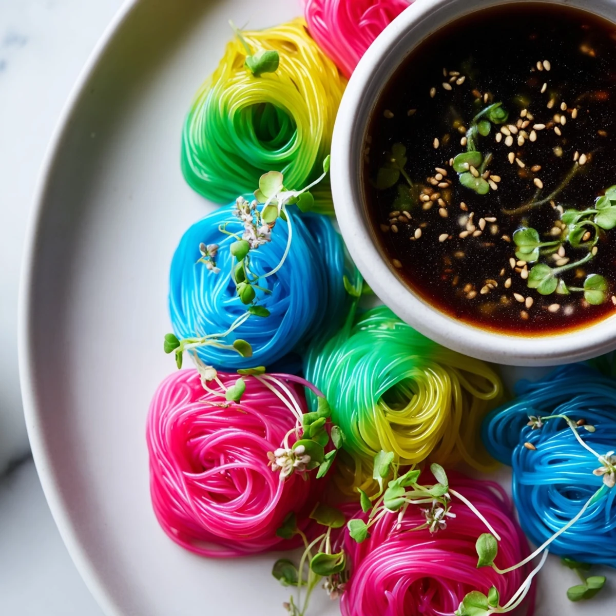 Vibrant photo: Chilled Neon Noodle Clouds look delightful, served with a savory dipping sauce and fresh scallions.