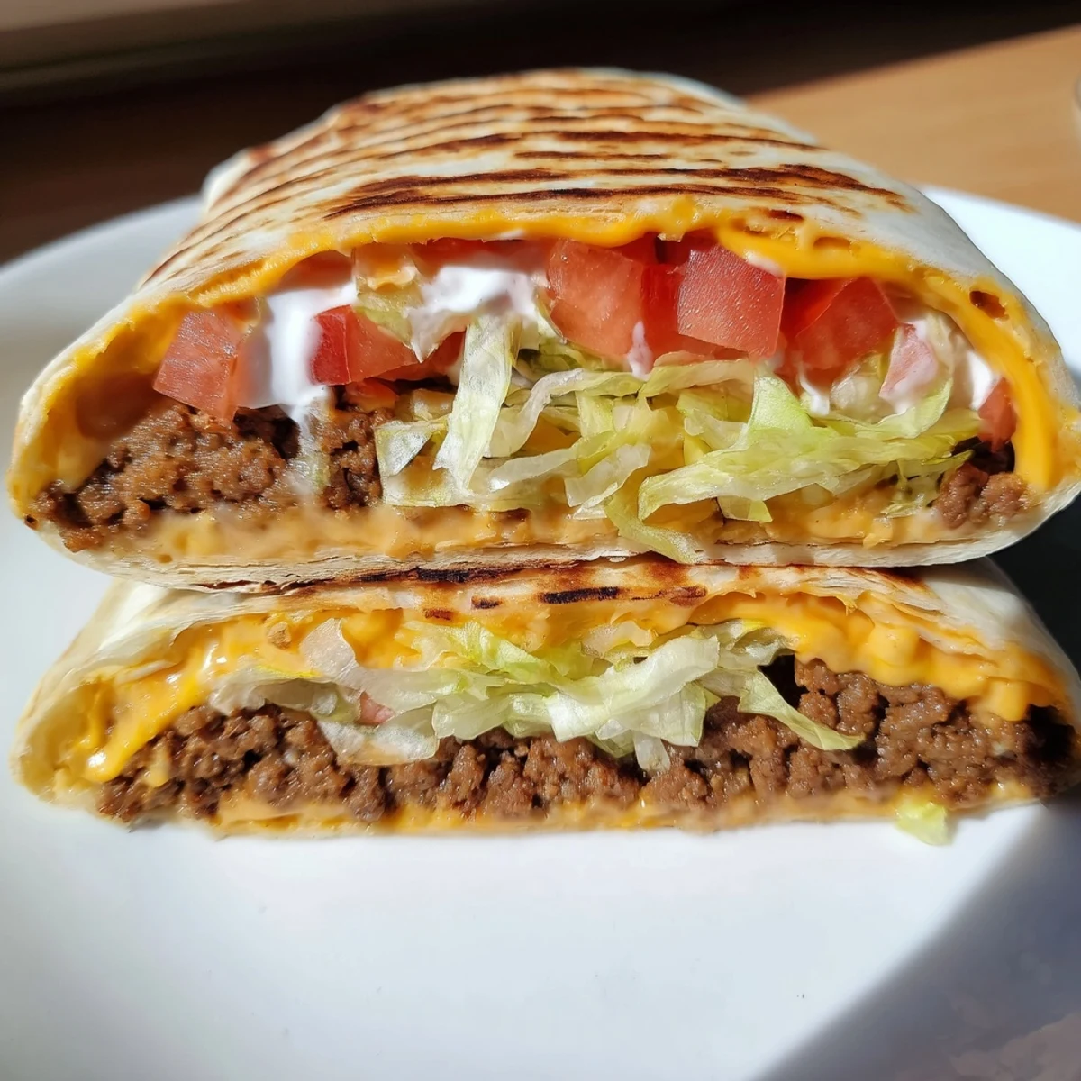 A warm, grilled Taco Bell Crunchwrap Supreme, cut in half to show layers of delicious fillings.