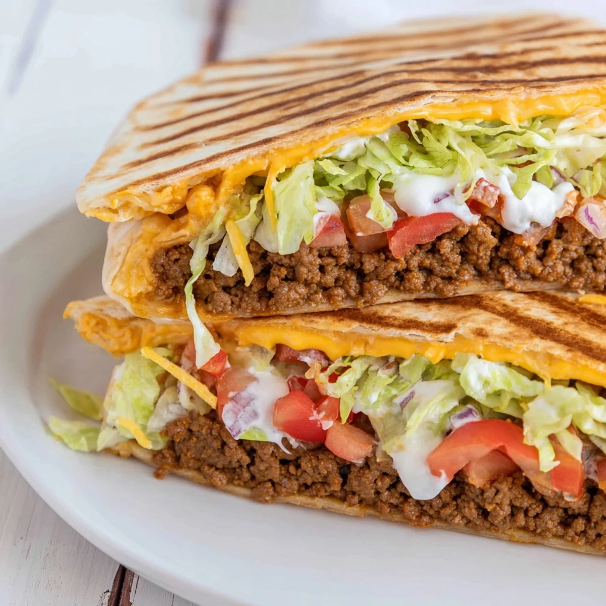 The homemade Taco Bell Crunchwrap Supreme, with crisp edges and a perfectly folded tortilla showcasing hearty ingredients.