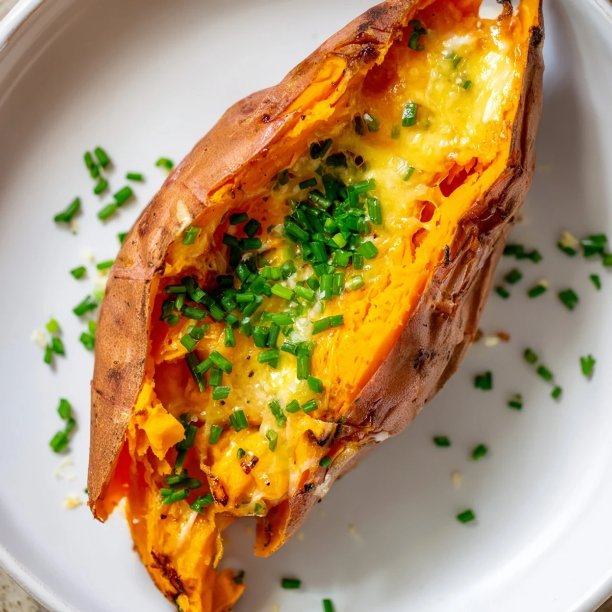 Sweet Potato & Cheese Whole Roast: a warm, baked sweet potato overflowing with melted, bubbly cheese, ready to eat.