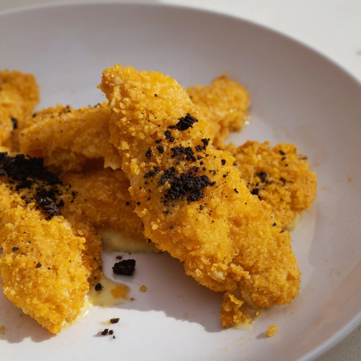 Golden, crispy DIY KFC Oreo Krusher-Inspired Fried Chicken Tenders with smashed Oreo crust, served hot.