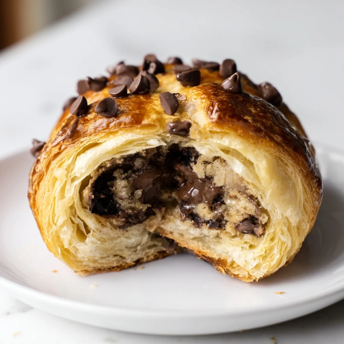 Golden-brown Viral Crookie hybrid, flaky croissant embracing rich, melty cookie dough layers.