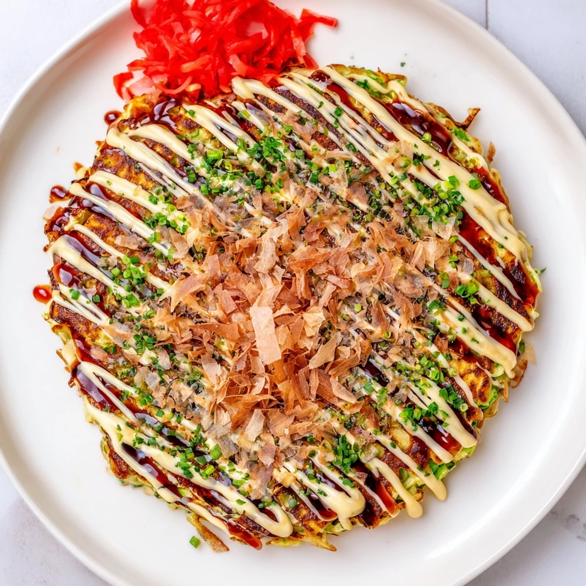 Golden-brown Japanese okonomiyaki pancakes, with a swirl of sauce and dancing bonito flakes, ready to enjoy.