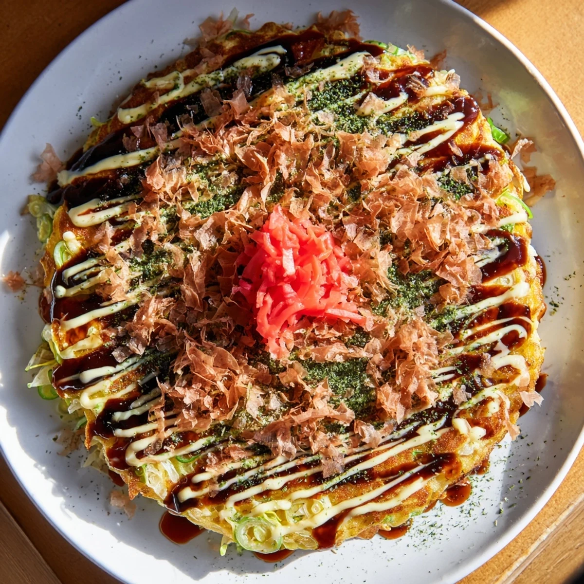 A close-up of savory okonomiyaki pancakes, featuring shredded cabbage and a creamy mayonnaise drizzle for extra flavor.