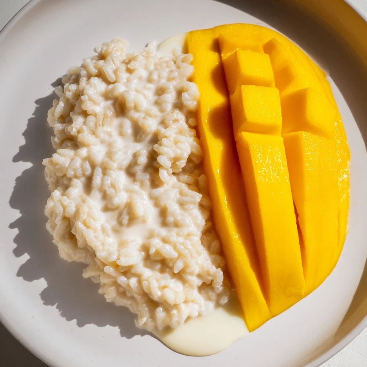 A beautiful plate of fresh Thai Mango Sticky Rice, garnished with toasted sesame seeds and coconut cream.