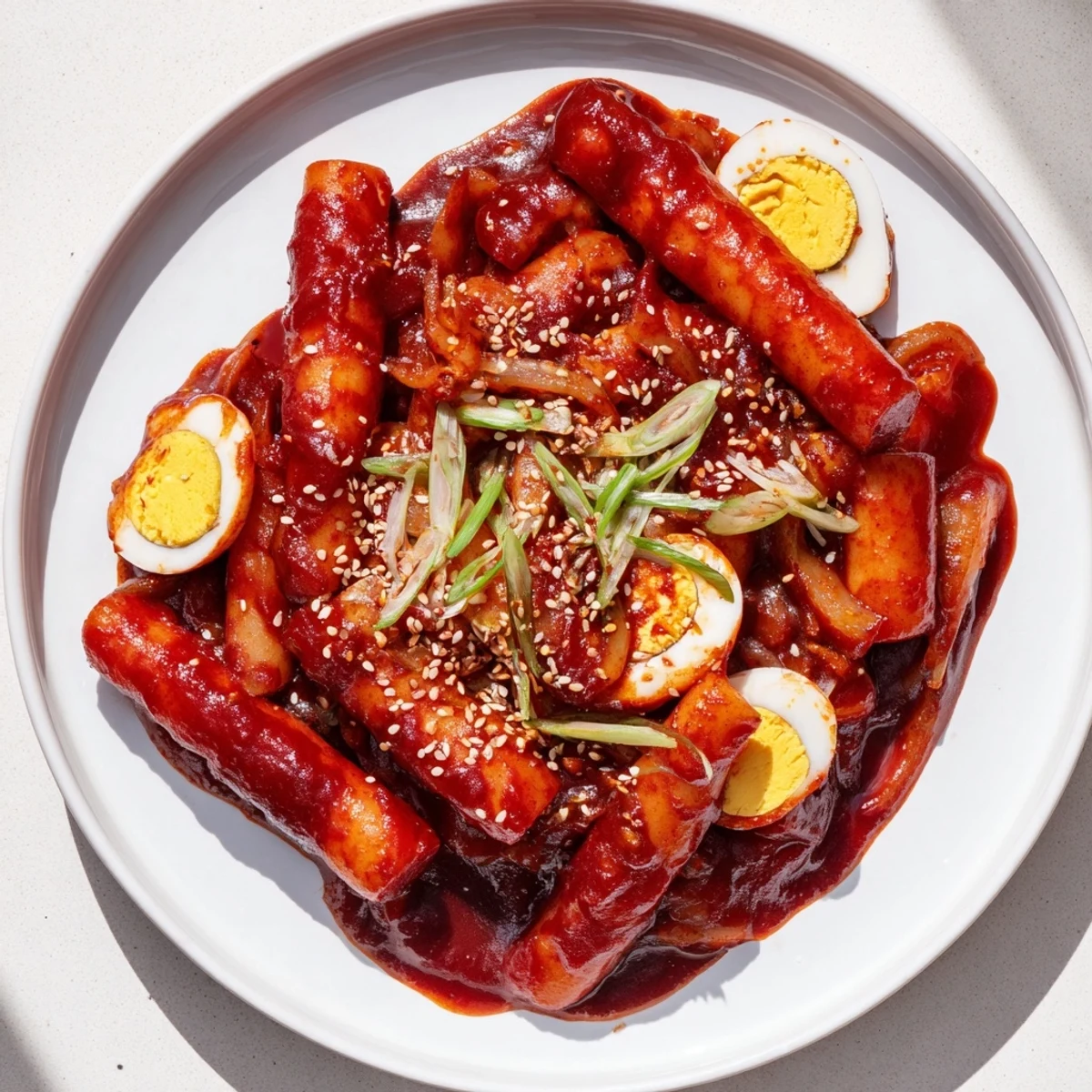 Steaming bowl of spicy Korean Tteokbokki with soft boiled eggs and savory gochujang sauce.