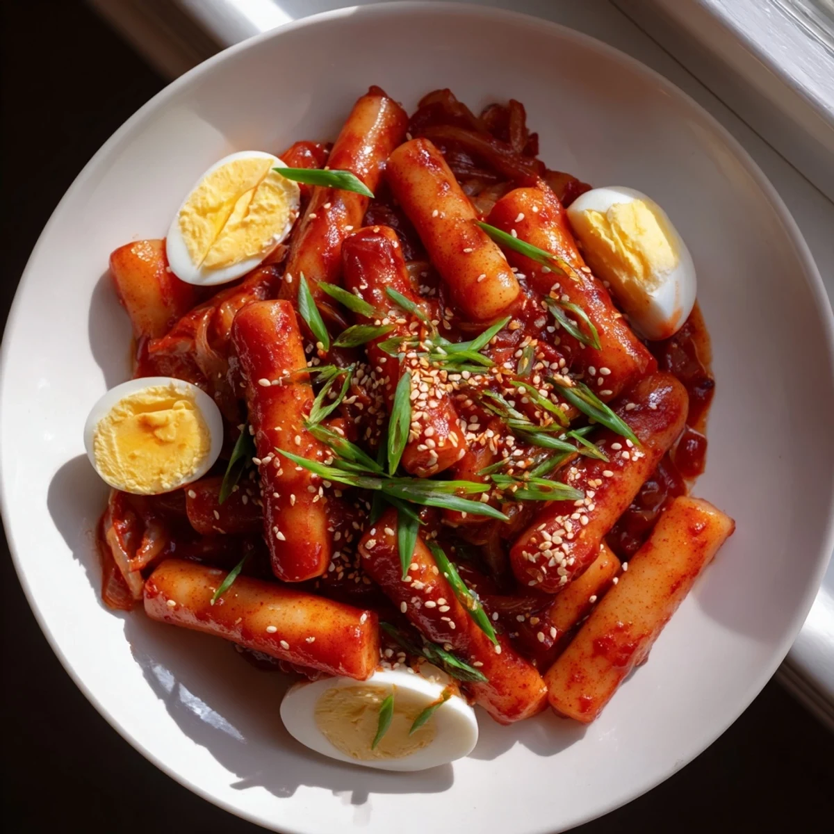 A vibrant photo of Korean Tteokbokki highlights the chewy rice cakes in a rich, flavorful broth.