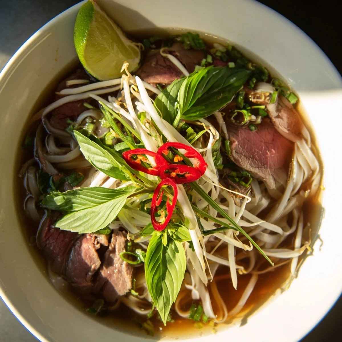 Steaming bowl of flavorful Vietnamese Pho, with tender beef and fresh herbs ready to enjoy.