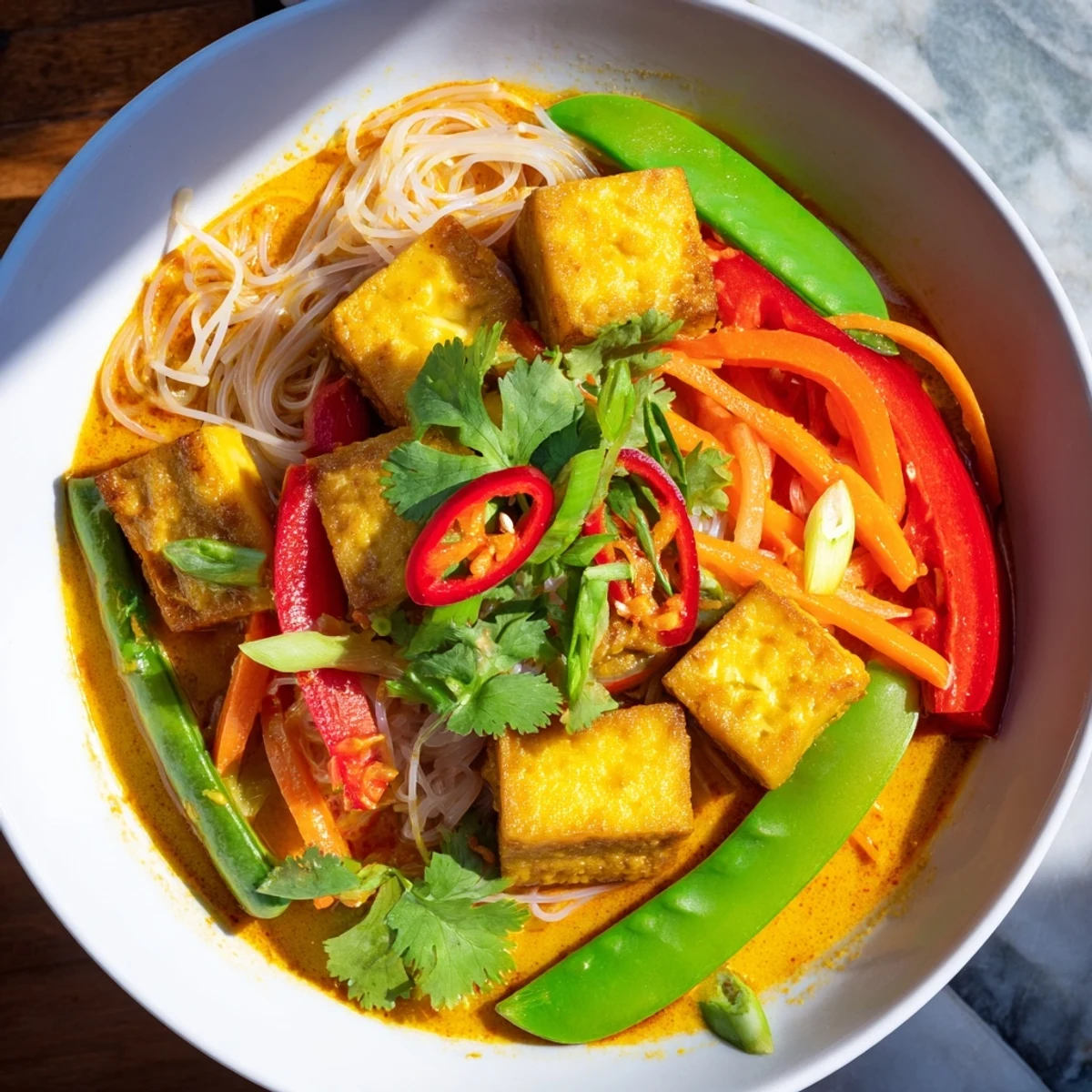 A warm bowl of Malaysian Laksa curry, showcasing the vibrant red curry broth and varied fresh vegetables.