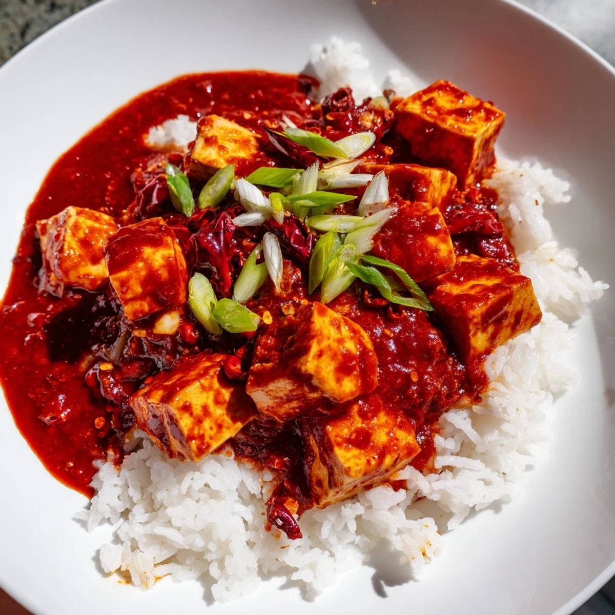 Steaming hot Chinese Mapo Tofu with soft tofu cubes, savory sauce, and fresh green scallions.