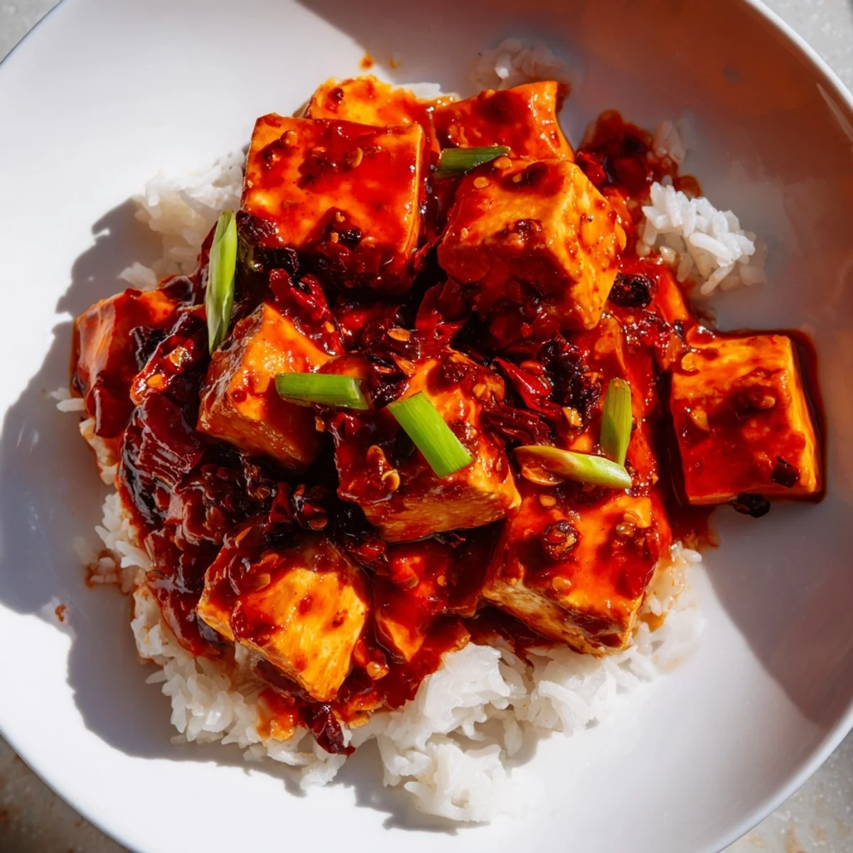 A vibrant close-up depicts the rich, spicy flavors of authentic Mapo Tofu, ready to serve over rice.