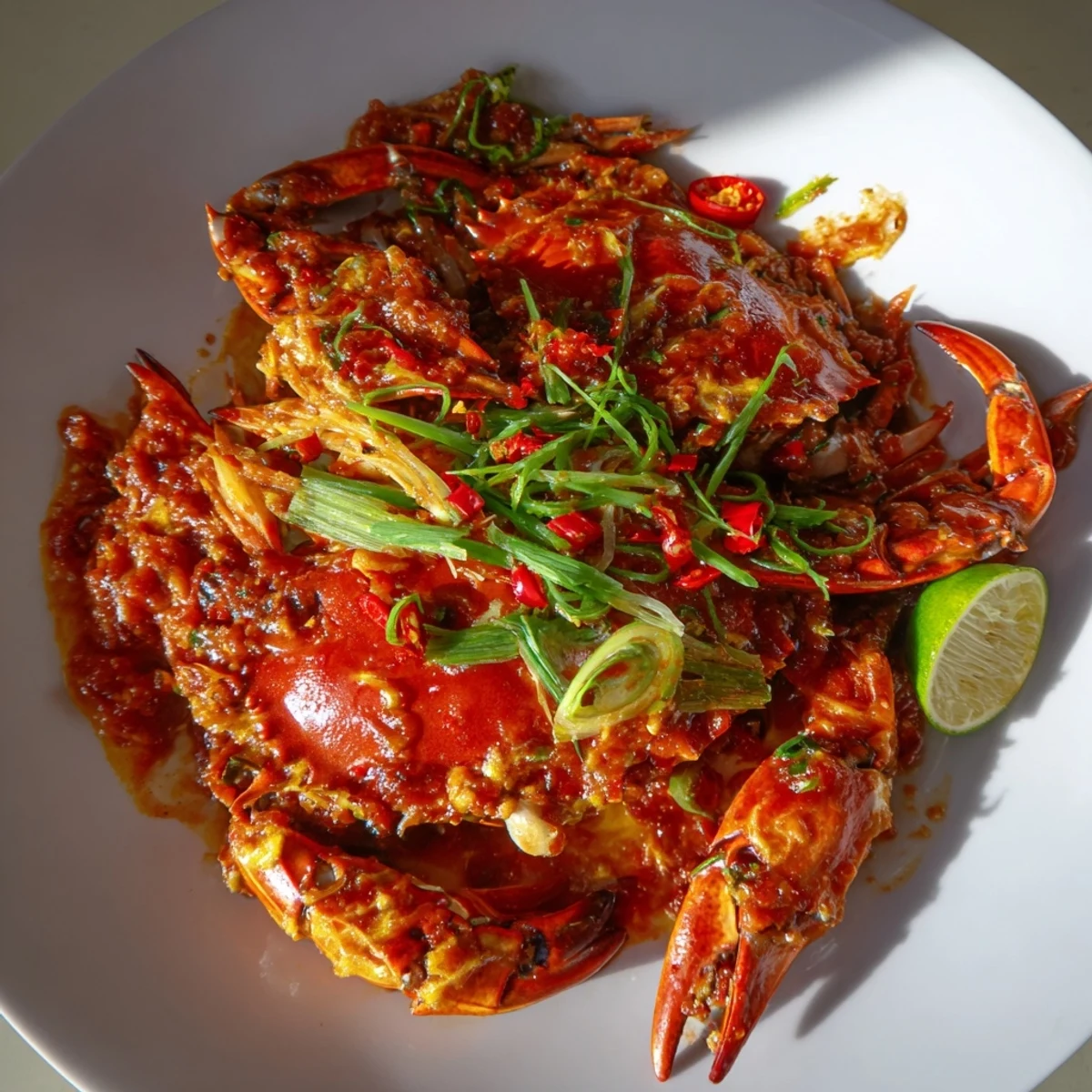 A steaming plate of Singaporean Chili Crab, showcasing vivid red crab in a spicy sauce.