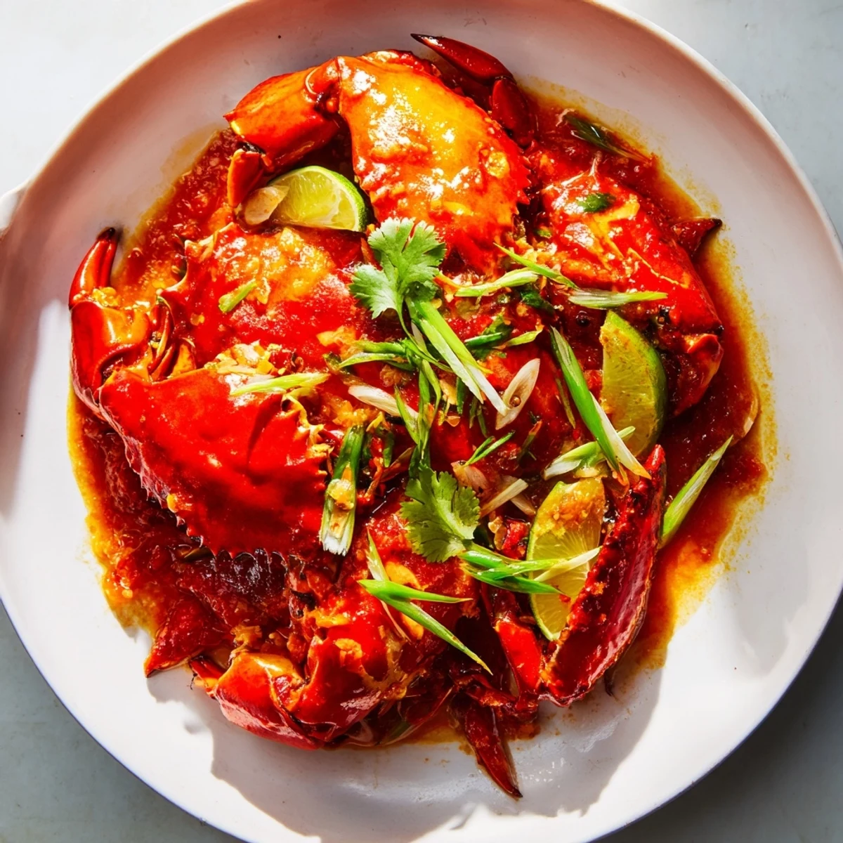 Close-up of succulent Singaporean Chili Crab, served with vibrant green cilantro and lime wedges.