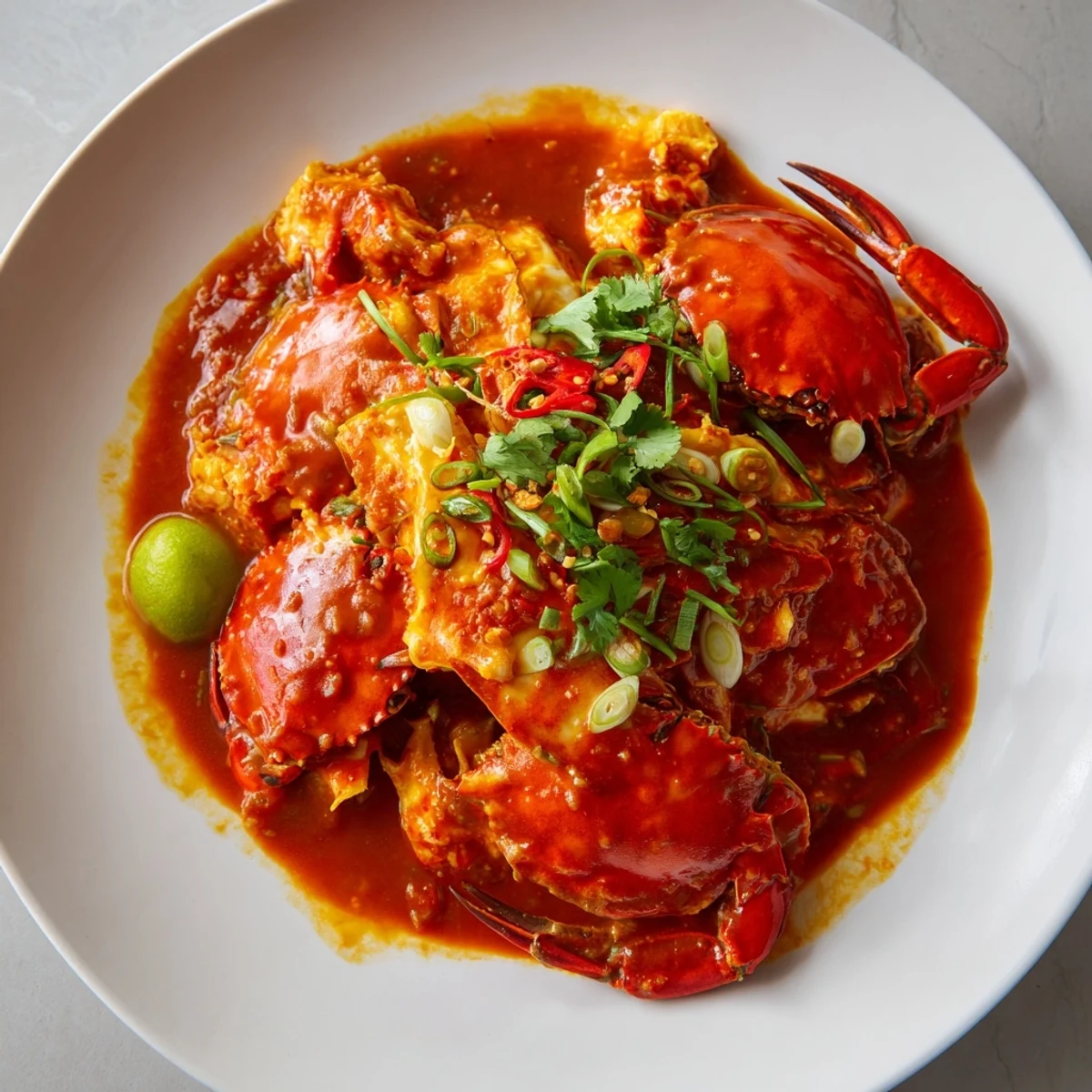 Image of a delicious serving of Singaporean Chili Crab, inviting you to enjoy its rich, flavorful sauce.