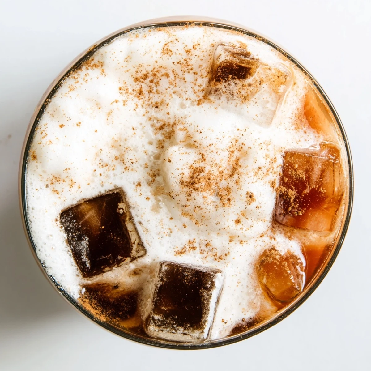 Two tall glasses of chilled iced chai tea with cold foam, perfectly layered with a cinnamon topping on a bright surface.