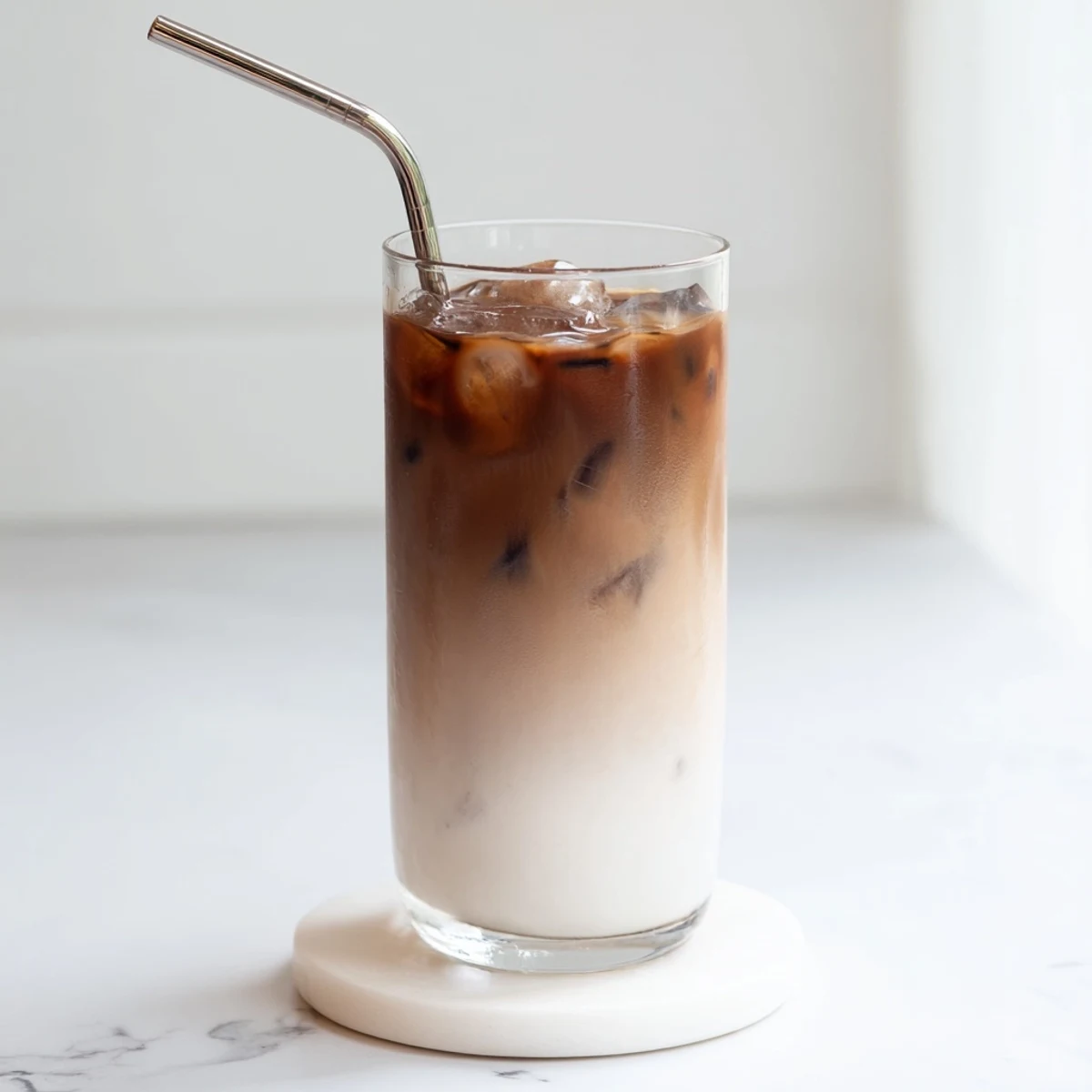 Homemade Milo Ice Latte Hack recipe served over ice, garnished with a light dusting of Milo powder on top.