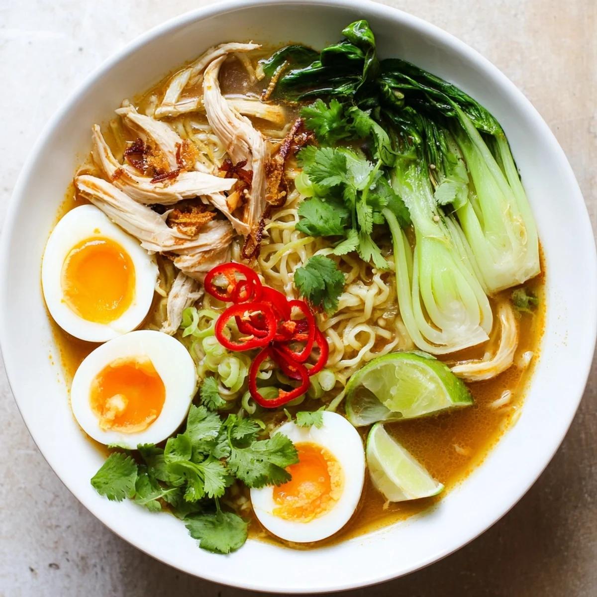 Thai Miso Ramen Bowl with shredded chicken, soft-boiled eggs, and crispy shallots in a steaming, aromatic broth.