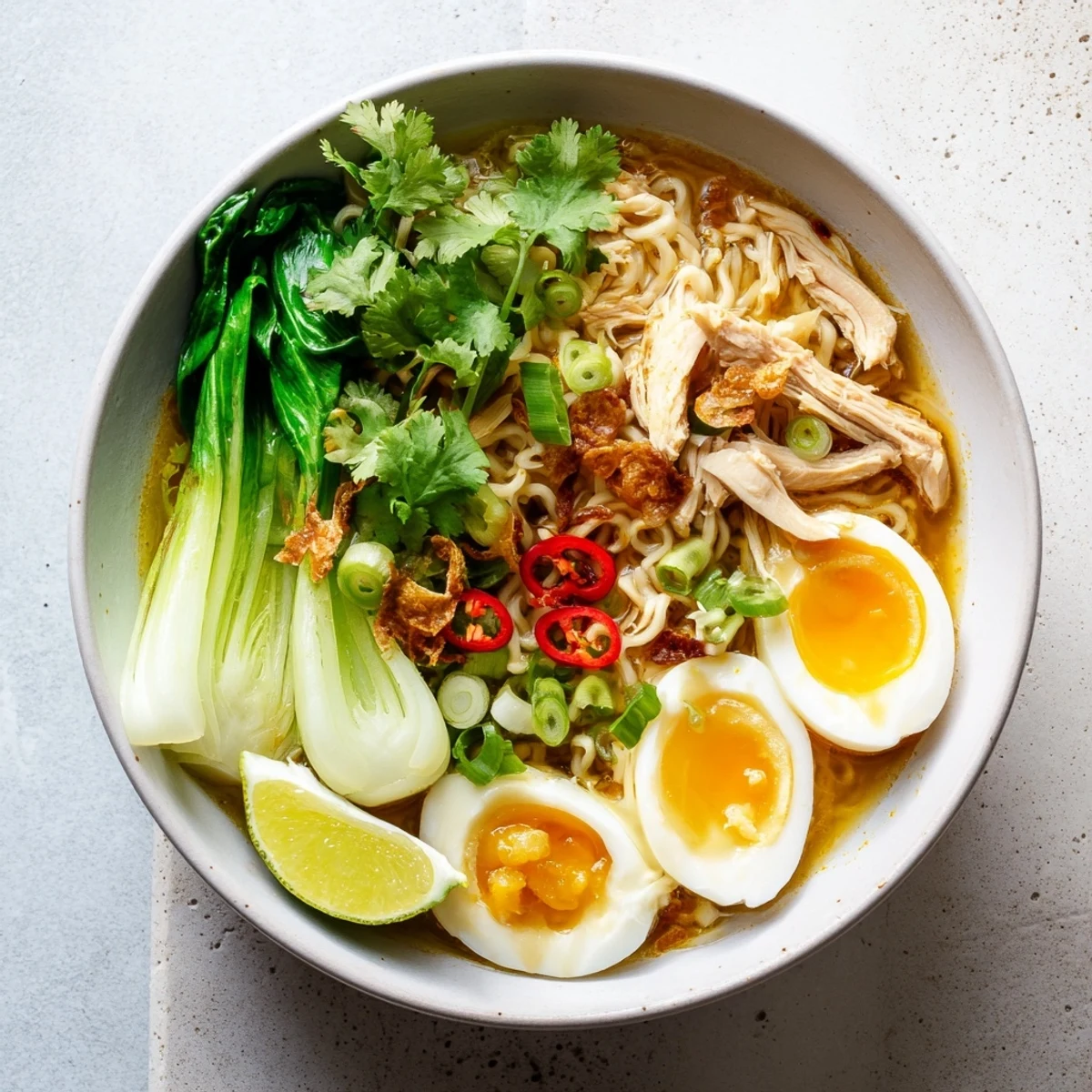 A close-up of Thai Miso Ramen Bowl garnished with chili slices and scallions, inviting you to dig in.
