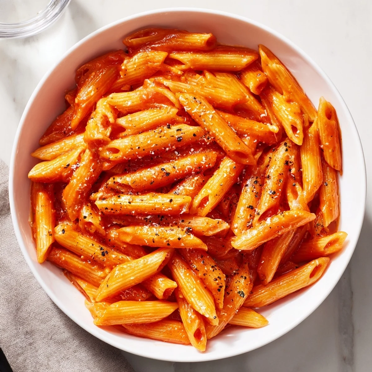 Fork twirling perfectly cooked penne pasta made in the microwave, with melted Parmesan and rich red sauce ready to eat.