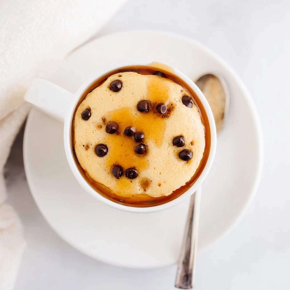 A fluffy, warm Microwave Mug Pancake topped with a pat of butter and drizzled with maple syrup, ready to eat straight from the mug.