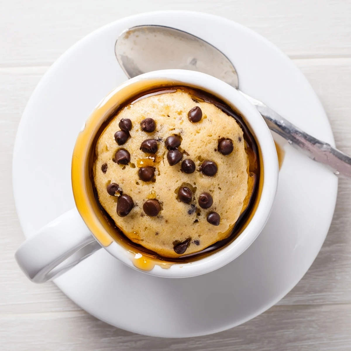 Steam rises from a freshly microwaved mug pancake filled with chocolate chips, served as a quick single-serving breakfast.