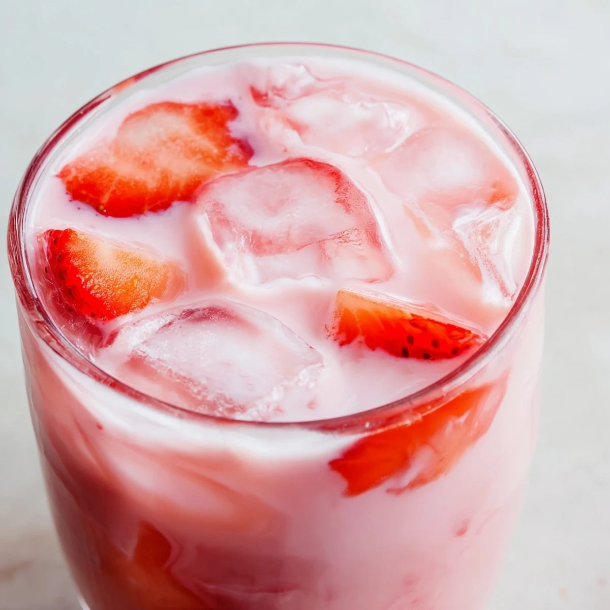 Close-up of a vibrant Refresher Copycat Pink Drink in a clear glass, filled with ice cubes and fresh strawberry slices, showing the creamy pink liquid.  