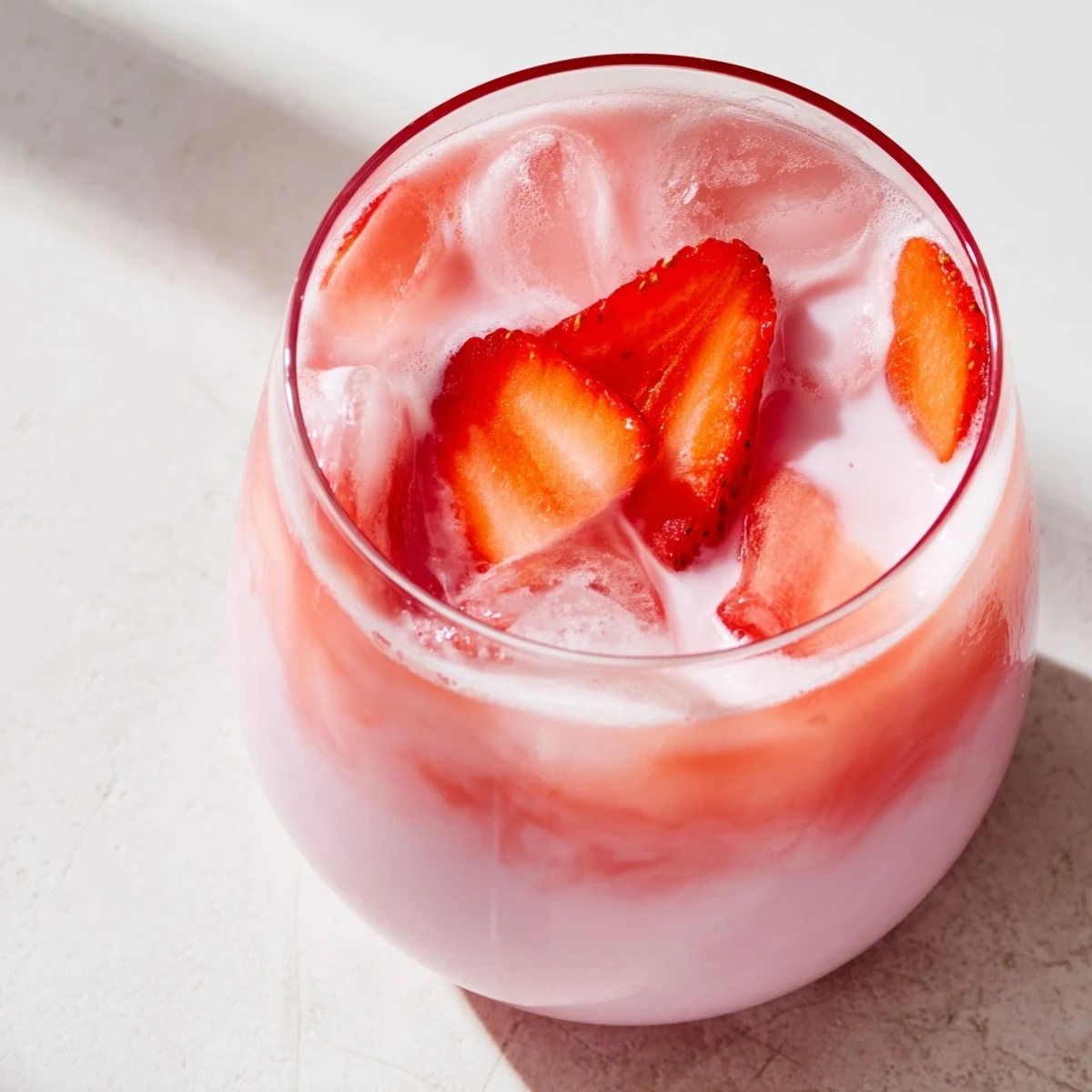 A tall glass of Refresher Copycat Pink Drink with swirling coconut milk and strawberry syrup over ice, capturing a refreshing moment.