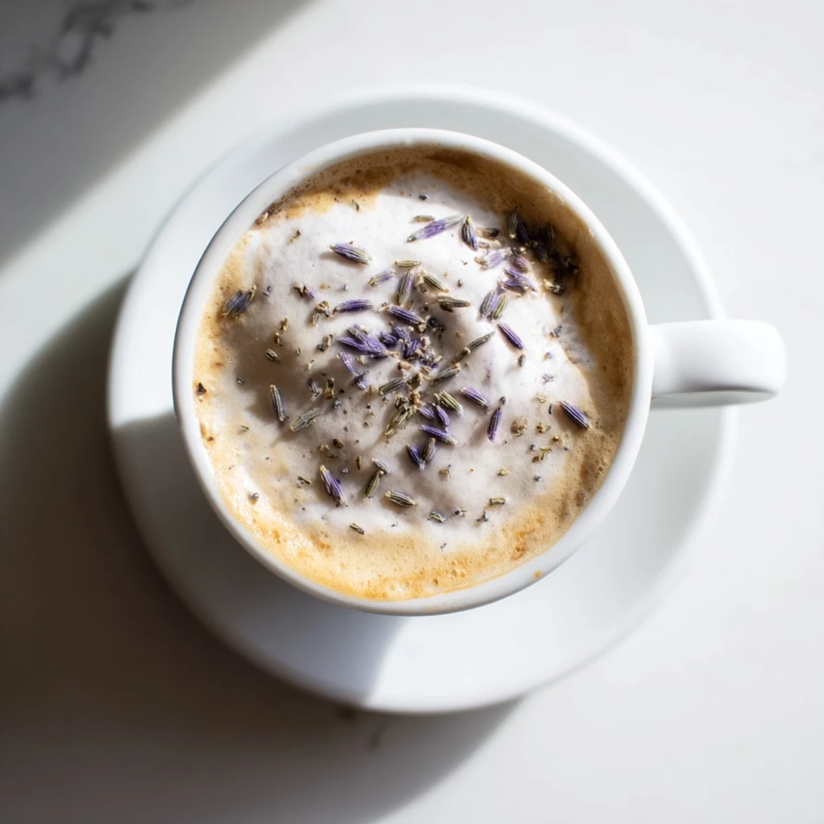 Creamy espresso topped with fluffy whipped lavender foam in a glass mug, perfect for a cozy morning treat.
