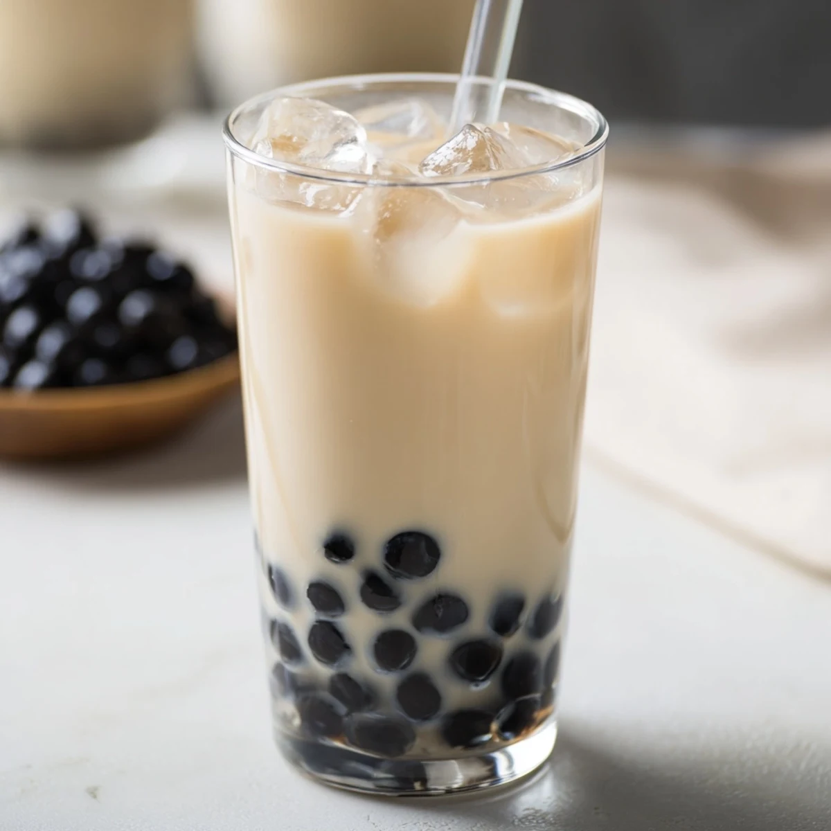 Frothy Boba Tea Hack with sweetened condensed milk and chewy tapioca pearls over ice in a tall glass.