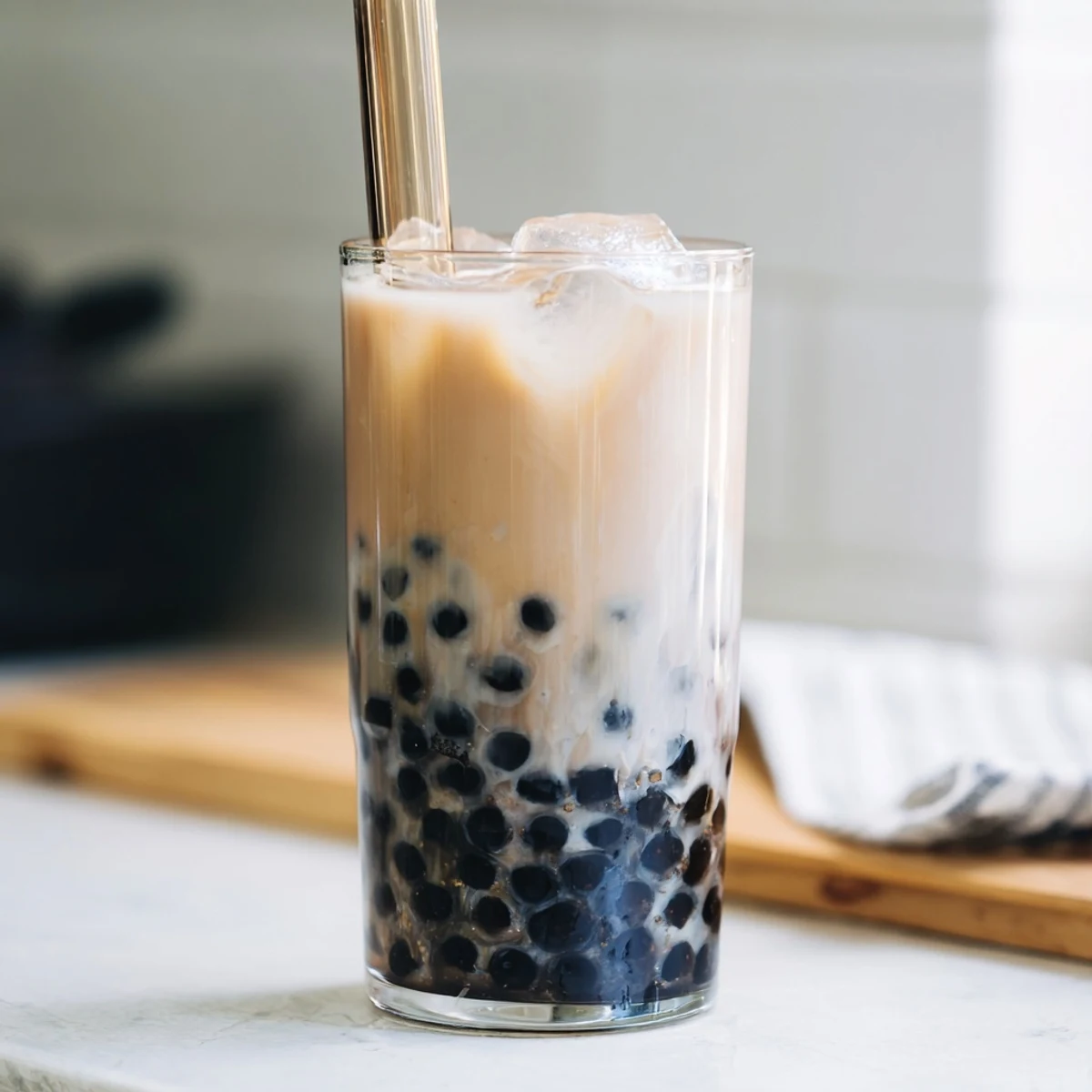 Serving two glasses of Boba Tea Hack, chilled with ice and large straws for sipping bubble tea.