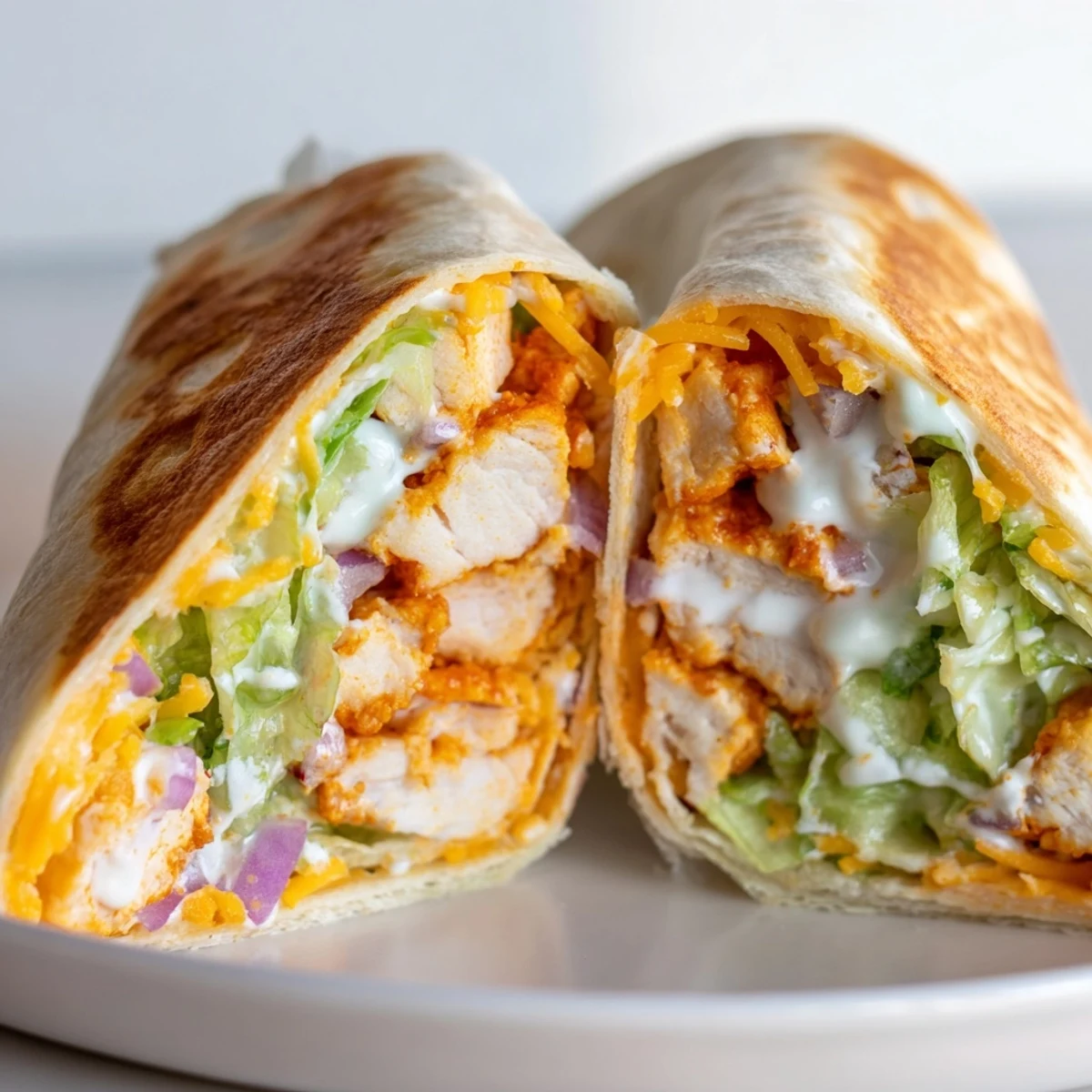 Four sliced Buffalo Ranch Chicken Wraps filled with shredded chicken, crisp romaine, and cheddar cheese, arranged on a rustic plate.