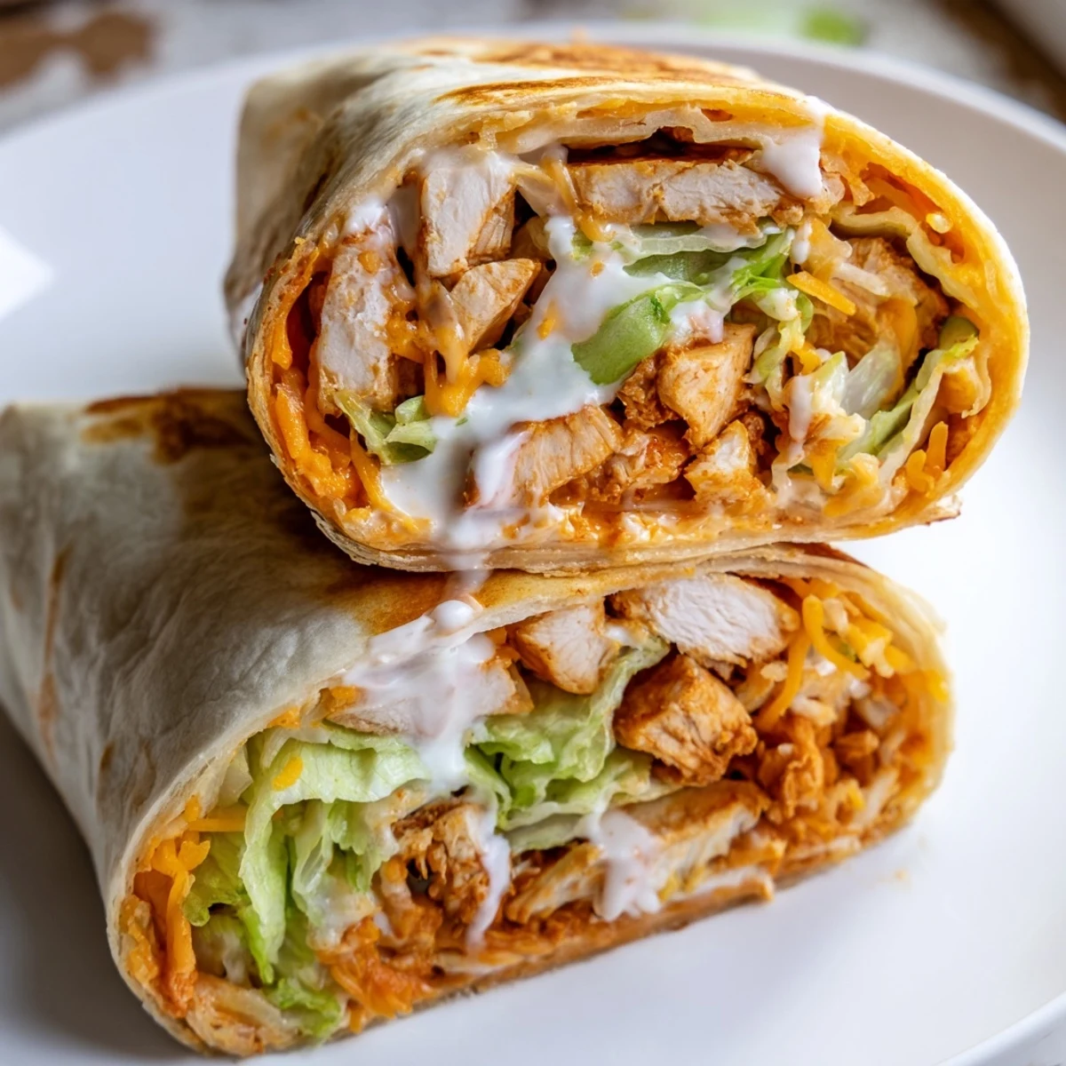 Juicy buffalo chicken and creamy ranch dressing spill from a warm tortilla, paired with celery sticks on a blue plate.