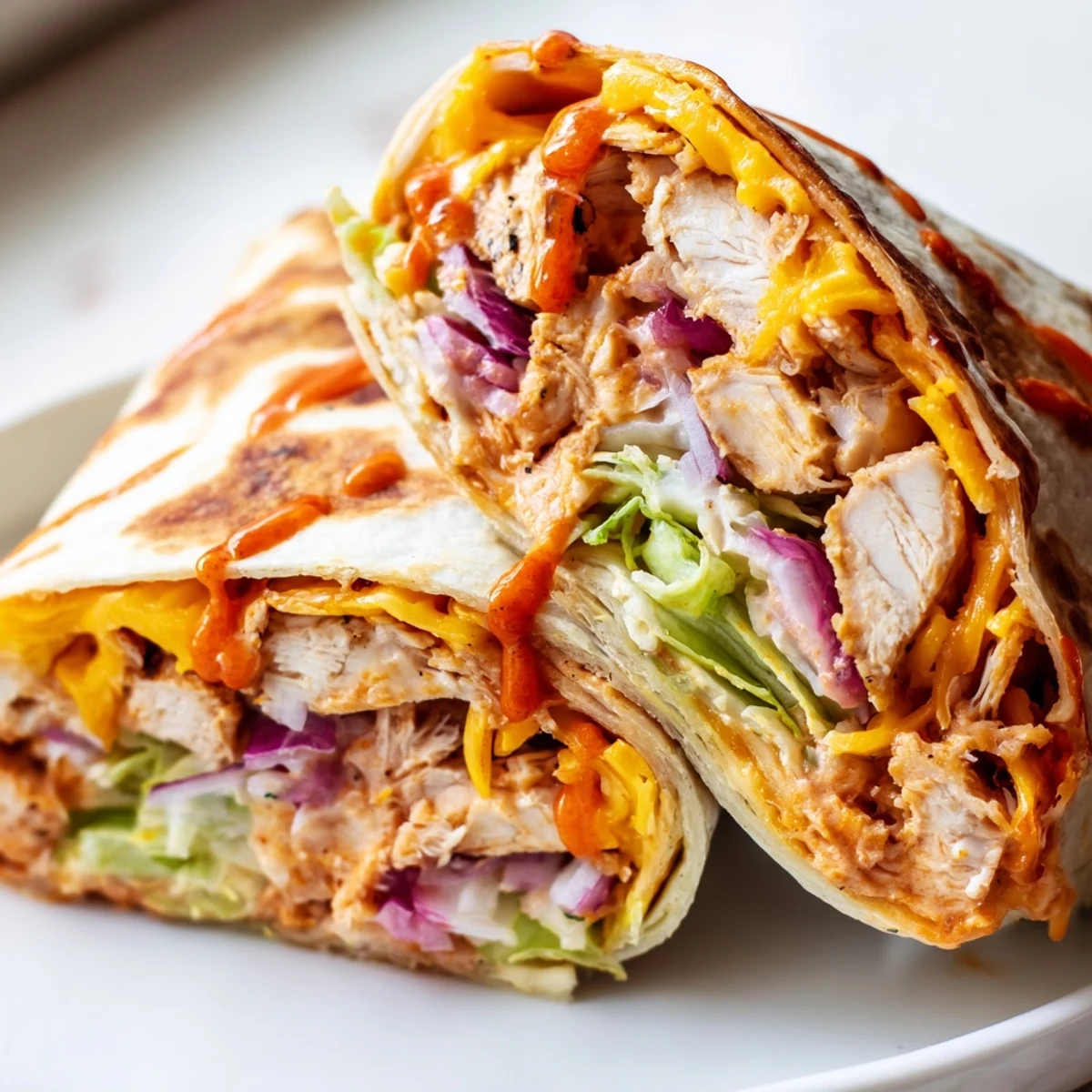Golden-brown Buffalo Ranch Chicken Wraps sit beside extra ranch and buffalo sauce, perfect for a quick, satisfying lunch.