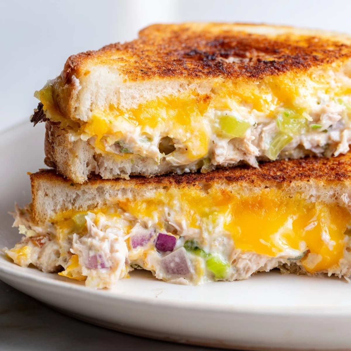 Golden-brown grilled Spicy Tuna Melt sandwich sliced in half on a rustic plate, showing gooey melted cheddar and zesty tuna salad.