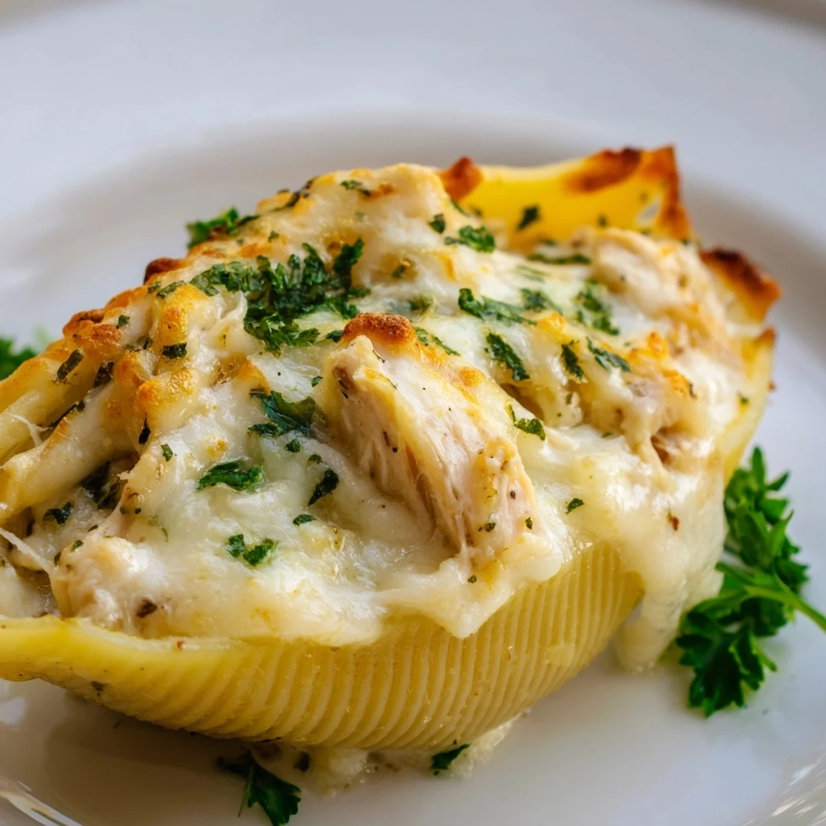 Golden baked Chicken Alfredo Stuffed Shells sit bubbling in a white dish, garnished with fresh parsley.